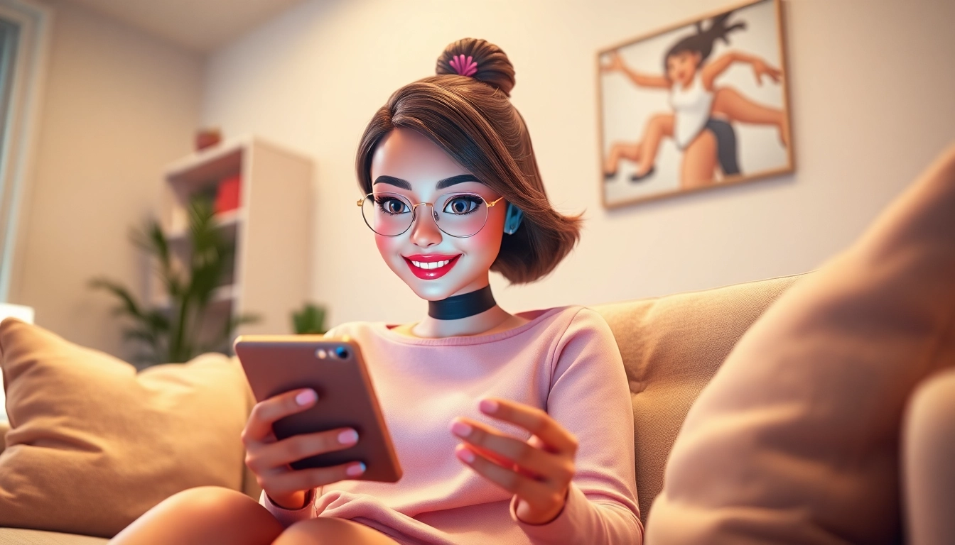 AI girlfriend engaging in a virtual chat in a cozy living room, showcasing modern companionship.