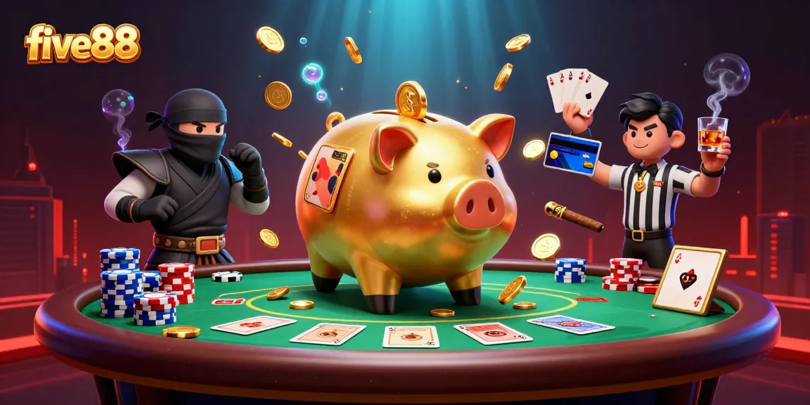 five88 showcases high-stakes action with a golden piggy bank sumo wrestler stomping and scattering coins at a dynamic poker scene.