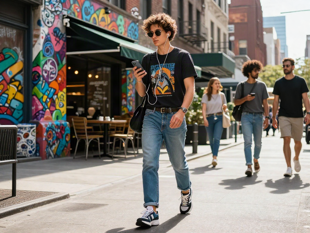 A confident individual blending urban fashion and tech lifestyle while exploring the city, reflecting the essence of ai slut culture.