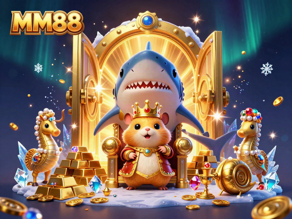 Experience the excitement of MM88 with animated casino elements and a golden hamster king on a megalodon throne.