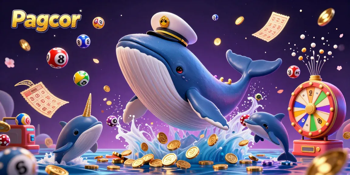 Experience the thrilling Pagcor casino adventure with a whale, a narwhal, and playful dolphins surrounded by lottery elements.