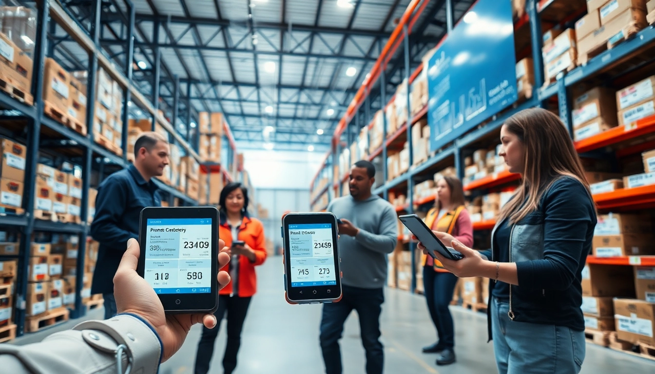 Dynamic scene of lot tracking software in action within a modern warehouse, highlighting real-time inventory management.
