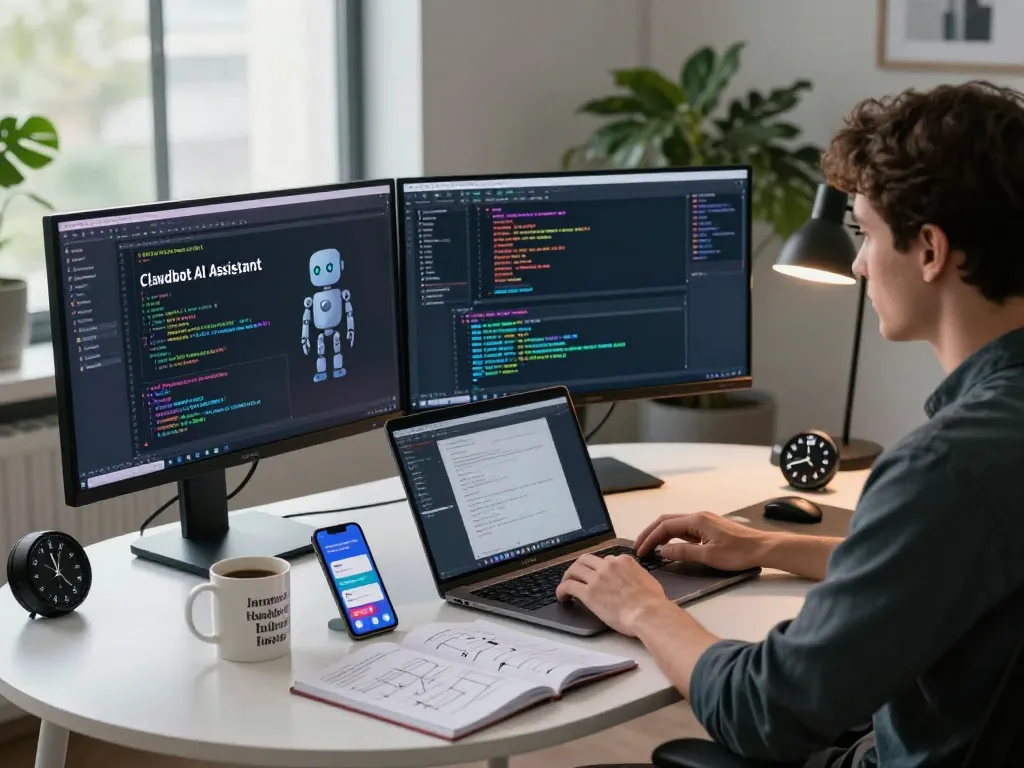 Developer coding clawdbot AI assistant on dual monitors in a modern tech workspace.