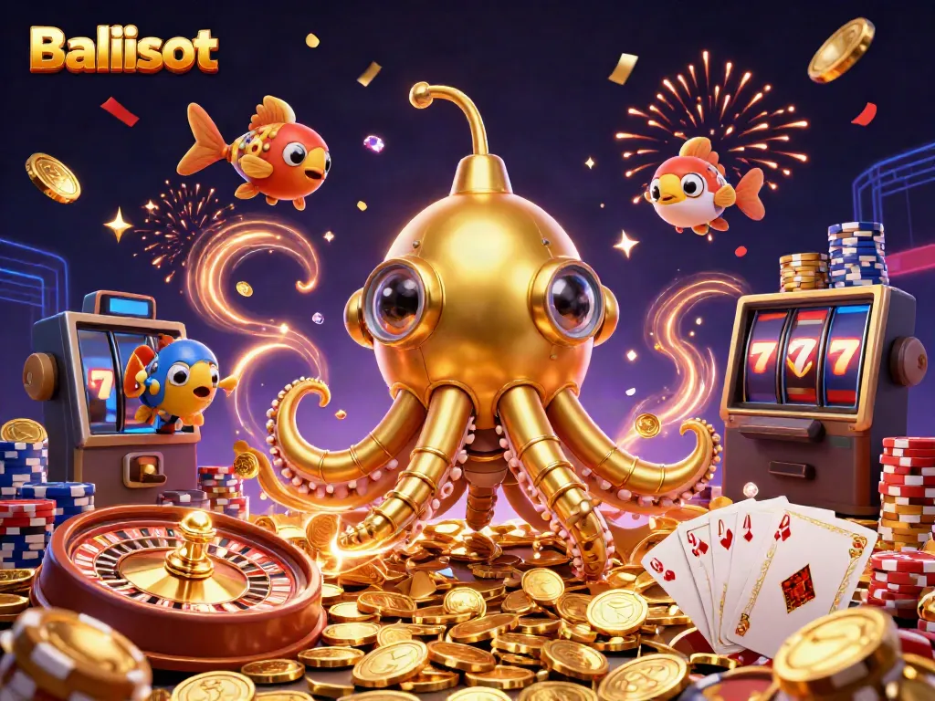 Experience thrilling games at Balislot with golden kraken submarine and vibrant casino elements