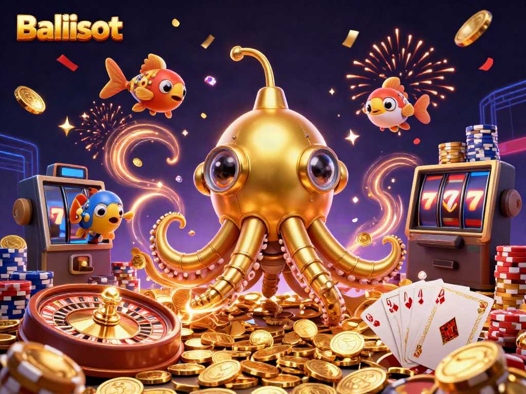 Experience thrilling games at Balislot with golden kraken submarine and vibrant casino elements
