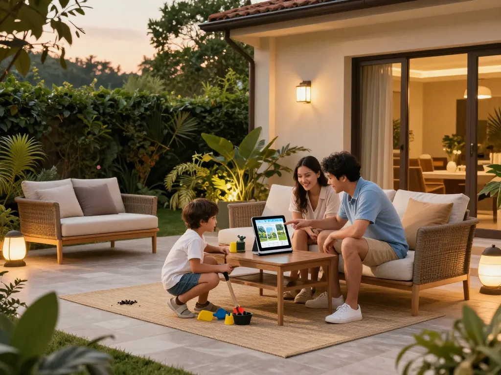Engaged family using a veranda configurator on a tablet in a beautiful outdoor space, showcasing customizable design features.