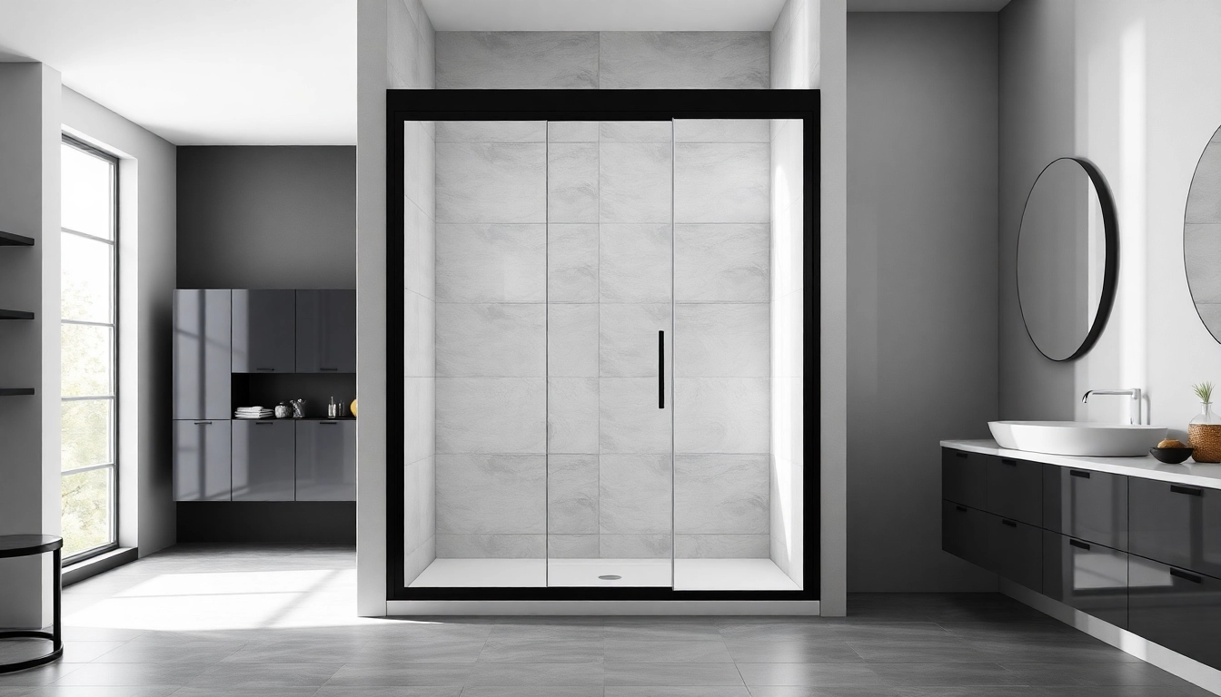 Showcase of black shower door featuring sleek glass design in a stylish modern bathroom setting.