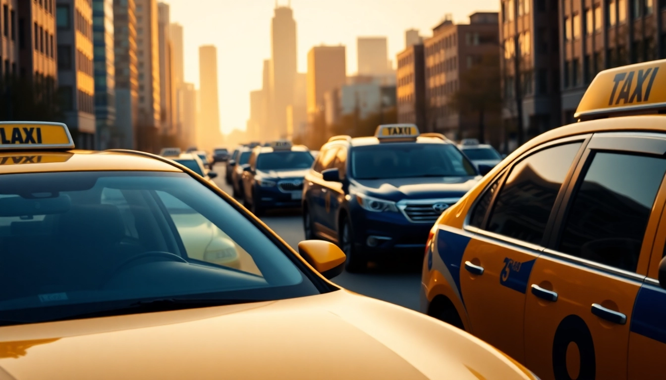 Cabs lined up in an urban environment showcasing diverse features.