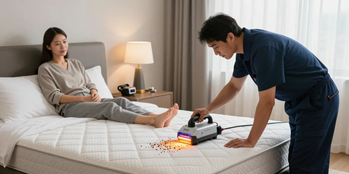 Effective bed bug treatment in action by a professional exterminator in a modern bedroom.