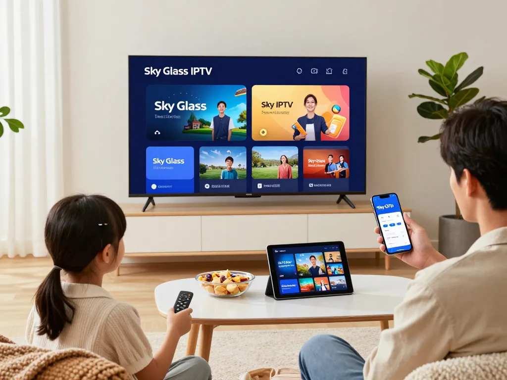 Family using Sky Glass IPTV installation guide on Smart TV for easy streaming setup.