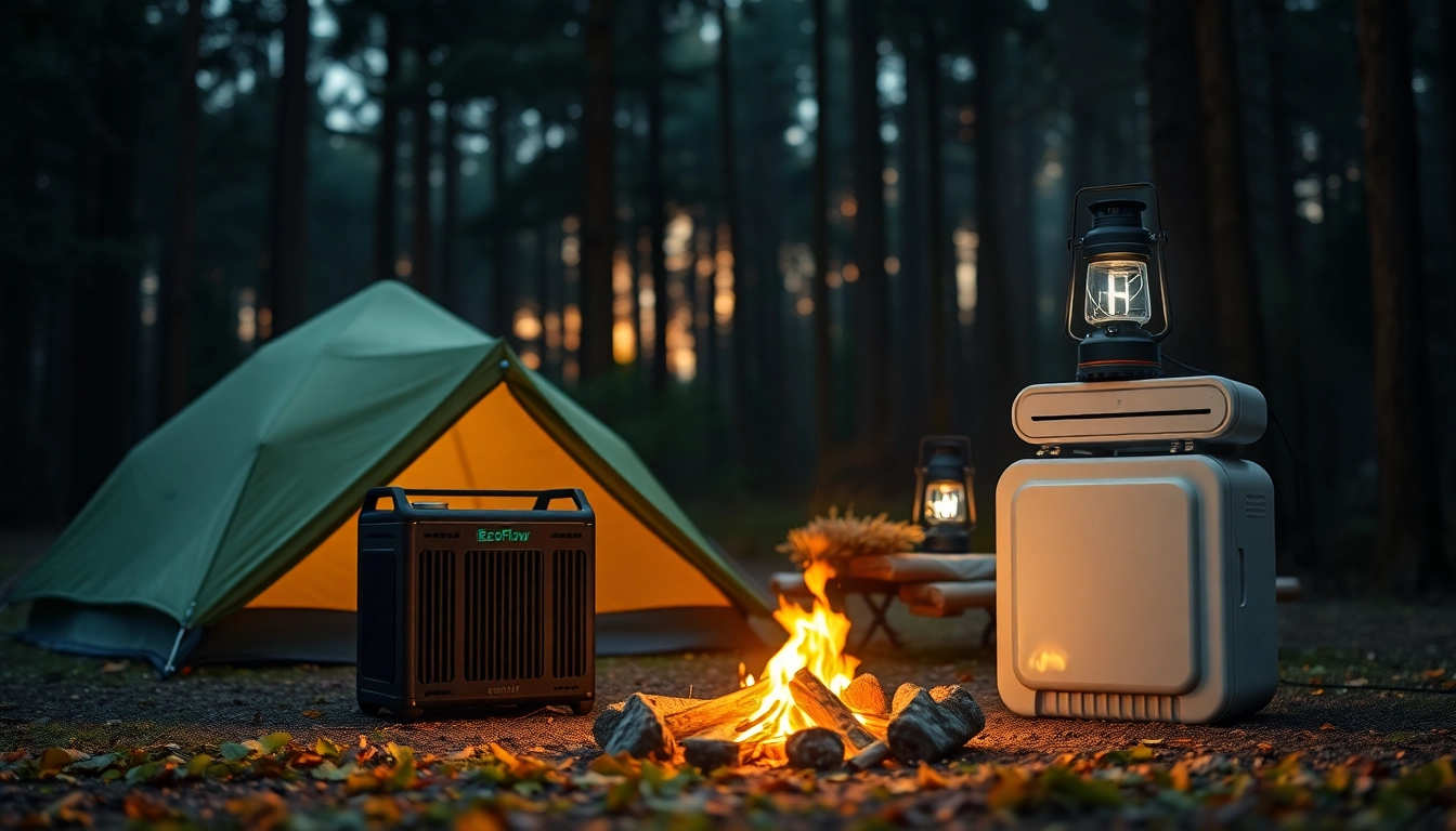 Activate EcoFlow with a power station energizing camping equipment amidst a tranquil forest.