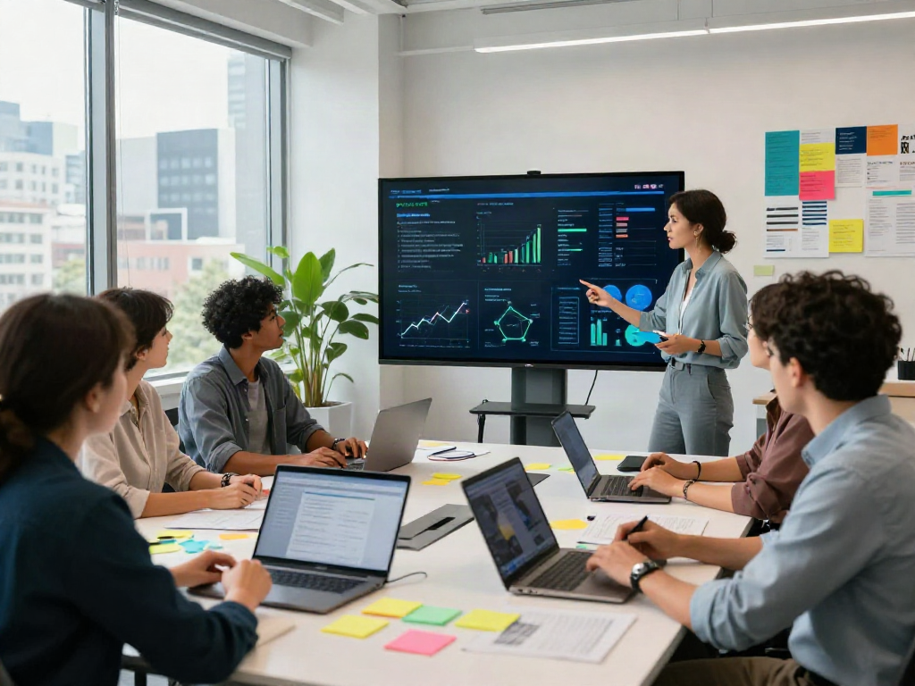 Team collaborating straight from the source in a modern office setting, showcasing vibrant brainstorming.