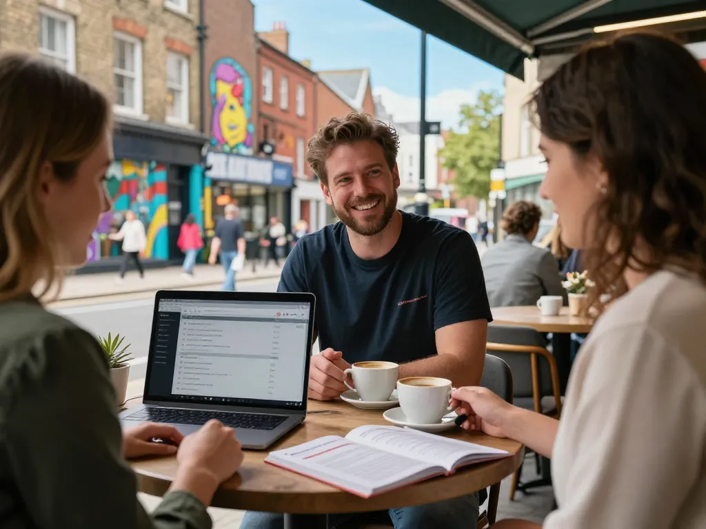 Engaging discussion on airbnb management manchester in a vibrant café setting with listings on display