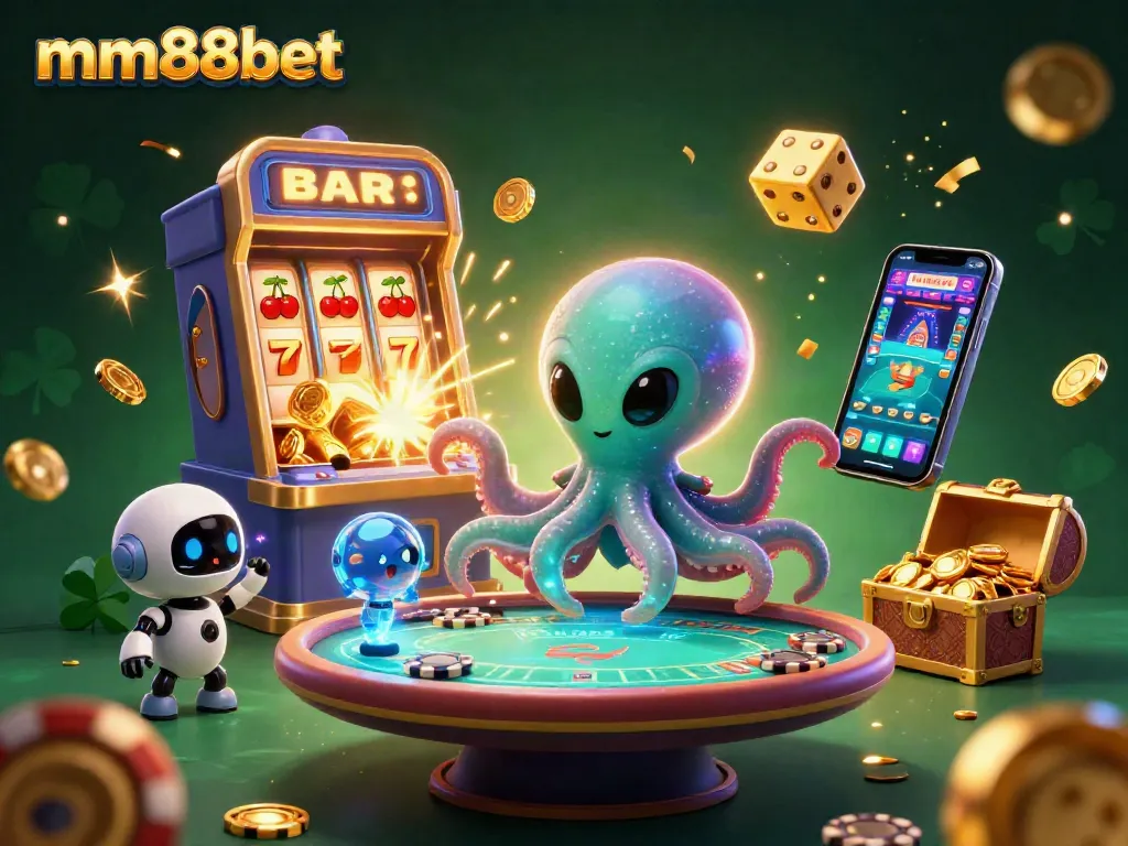 Engage in thrilling gameplay at mm88bet with a vibrant 3D casino scene featuring exciting slot machines.