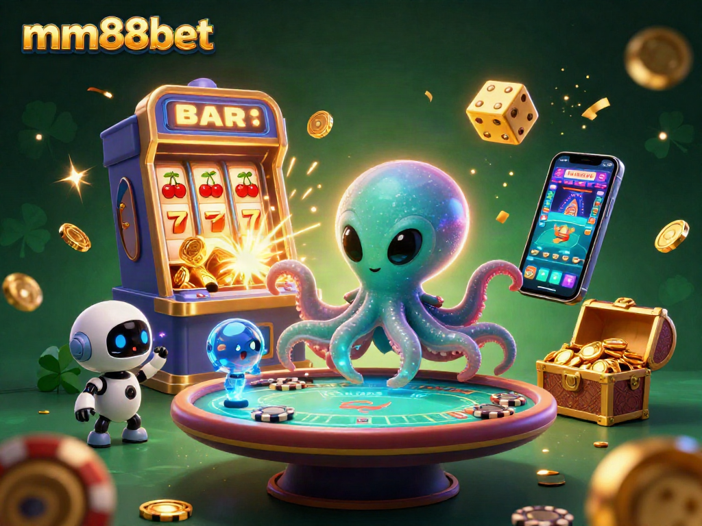 Engage in thrilling gameplay at mm88bet with a vibrant 3D casino scene featuring exciting slot machines.