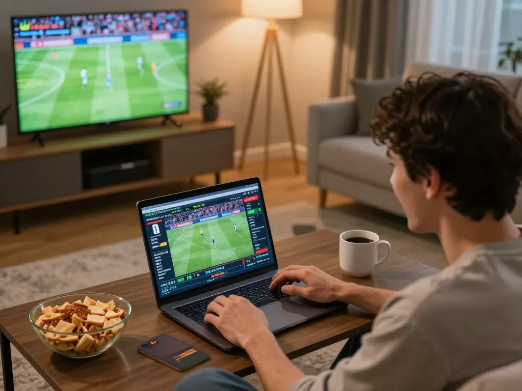 Engaging online betting session with bong88 on laptop while watching football, showcasing active gameplay