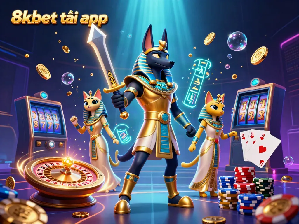 Engage with 8xbet tải app through a vibrant 3D illustration of Anubis and Bastet amidst casino elements like coins and cards.