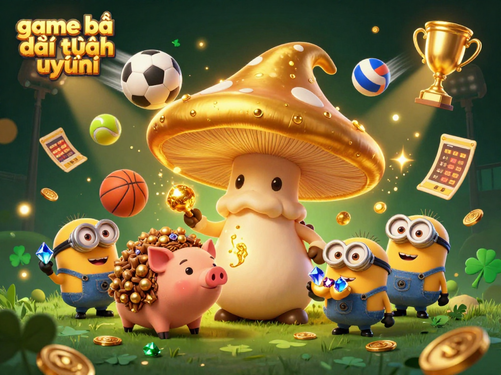 Experience the excitement of game bài đổi thưởng uy tín with a magical casino scene featuring golden characters and dynamic sports elements.