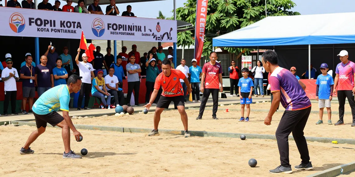 Petanque tournament at fopikotapontiana.org with diverse players and an enthusiastic crowd in Pontianak