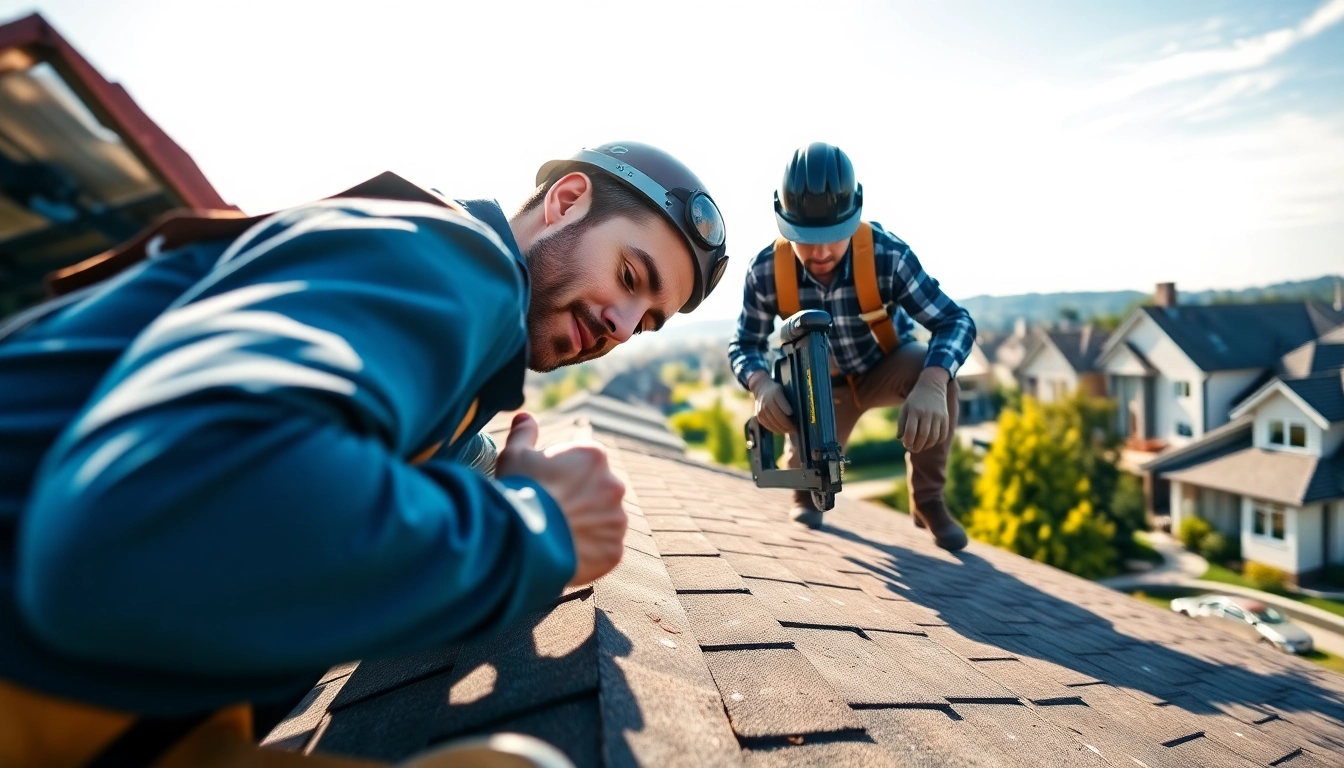 Experienced roofing company contractor repairing a roof with precision in a sunny neighborhood.