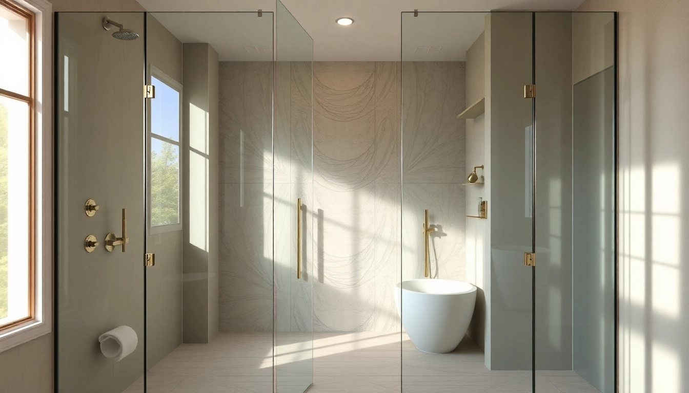 Stylish bathroom featuring elegant shower doors with sleek designs and natural lighting.