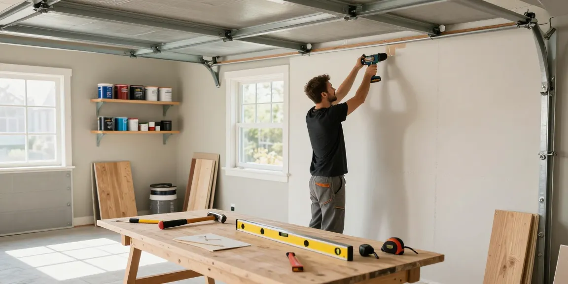 Garage conversion builder creating a spacious home office from a cluttered garage, showing tools and transformation details.