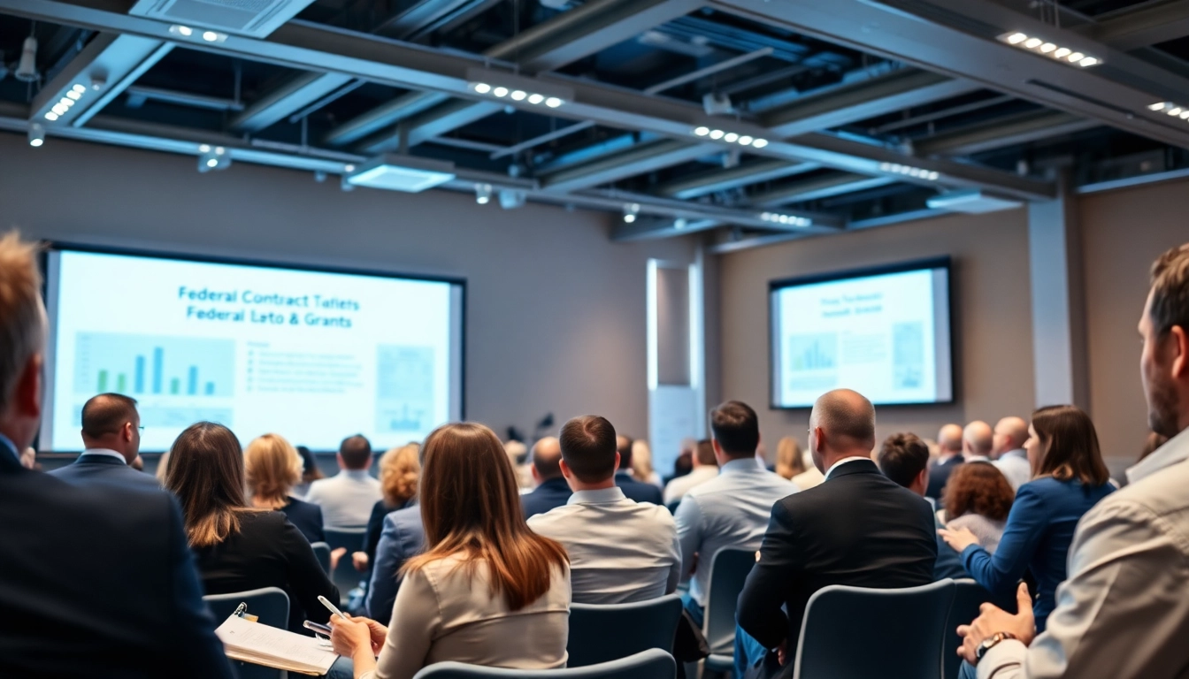 Engaged audience at a conference discussing Federal and State contracts and grants with busy professionals.