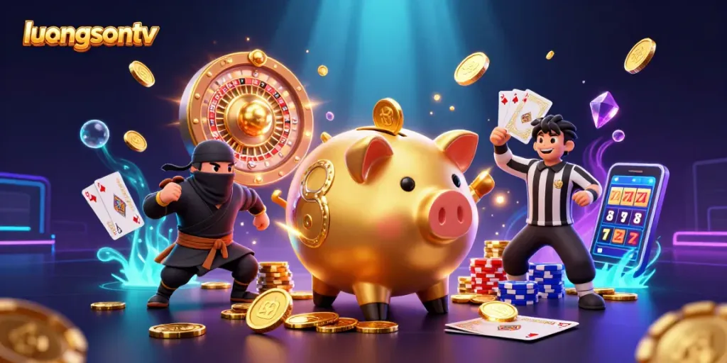 Experience excitement with luongsontv's vibrant cartoon illustration promoting dynamic gambling action.