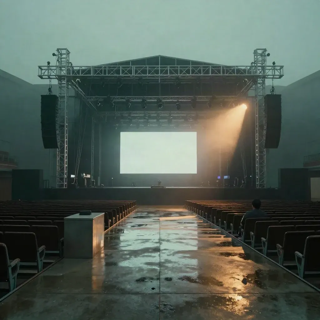 Empty live venue with truss, speakers, LED portal and wet floor in moody haze
