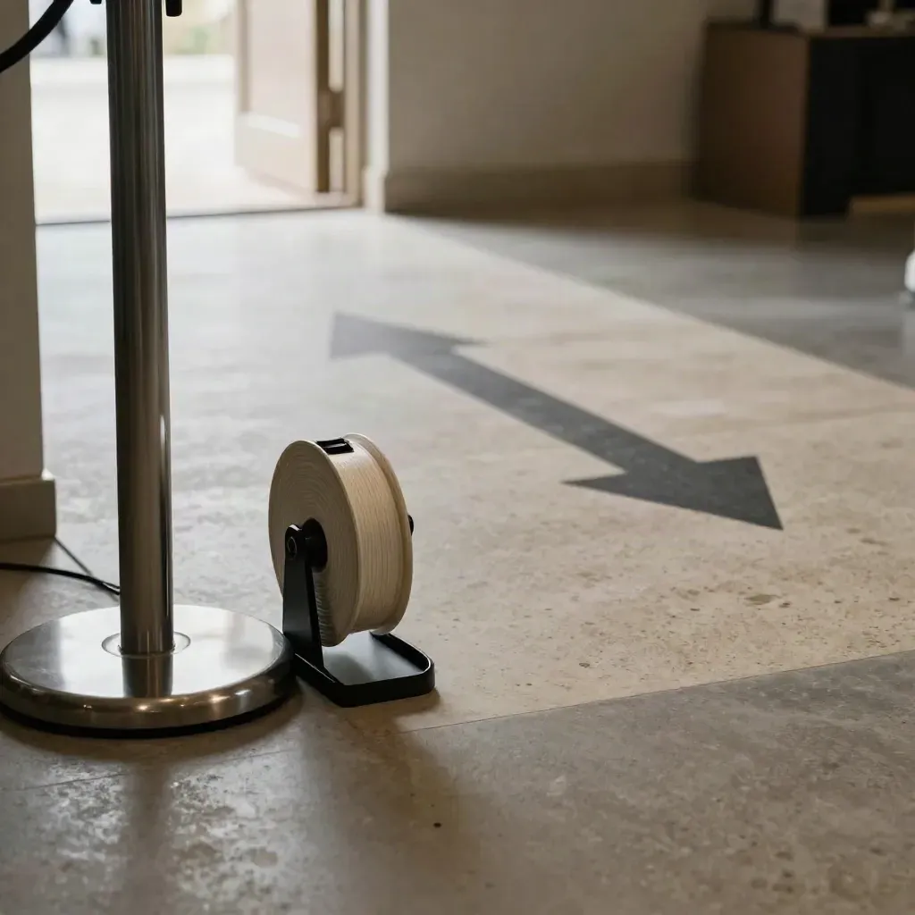 Barcode scanner pedestal, wristband roll and floor arrows at a venue entry lane