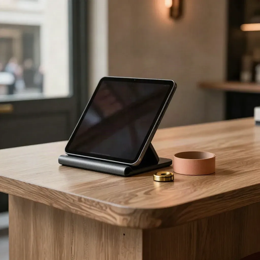 Quiet venue booking corner with tablet, card reader, wristband spool and brass door fob