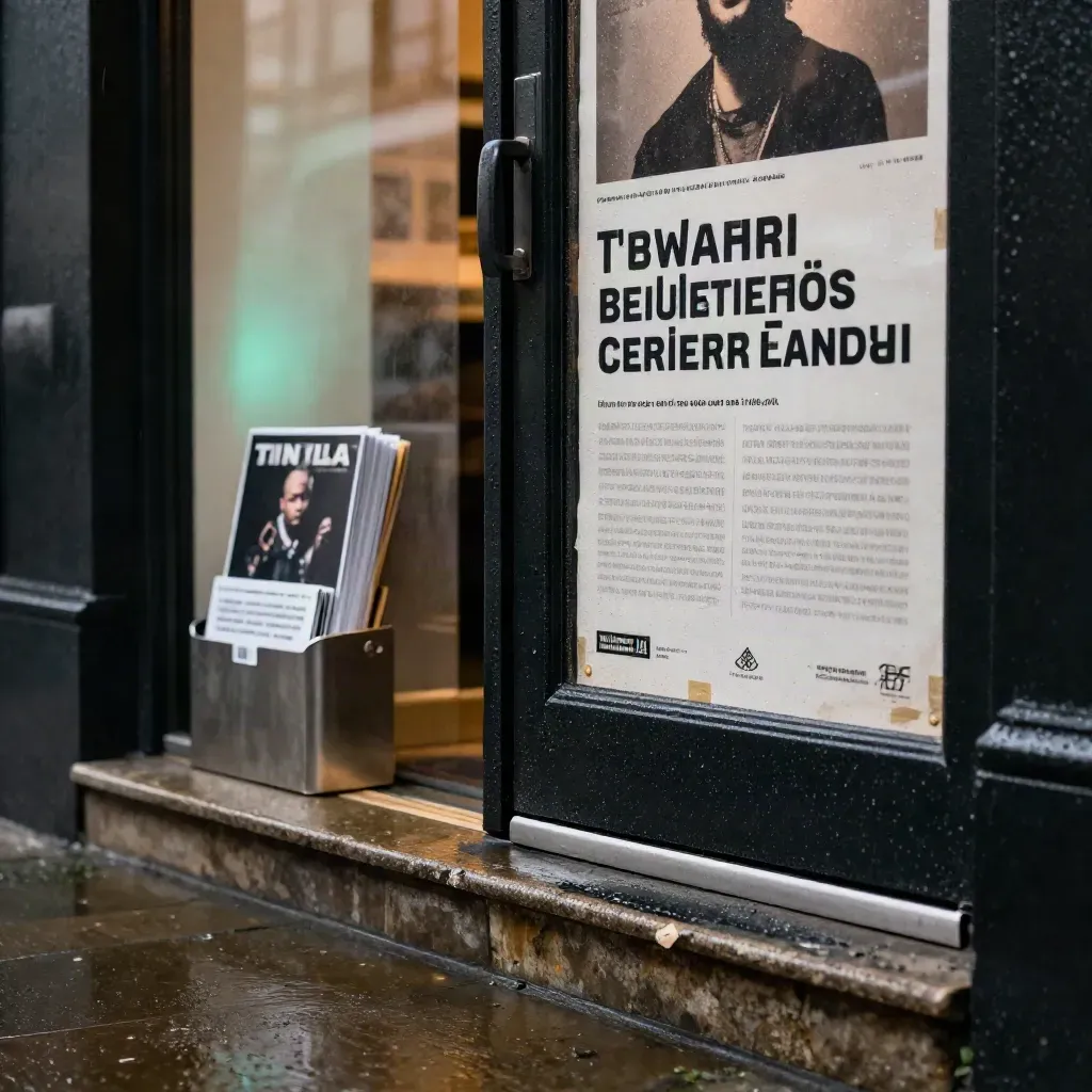 Rainy venue doorway with stacked promo frames and wet pavement glowing in mint light.