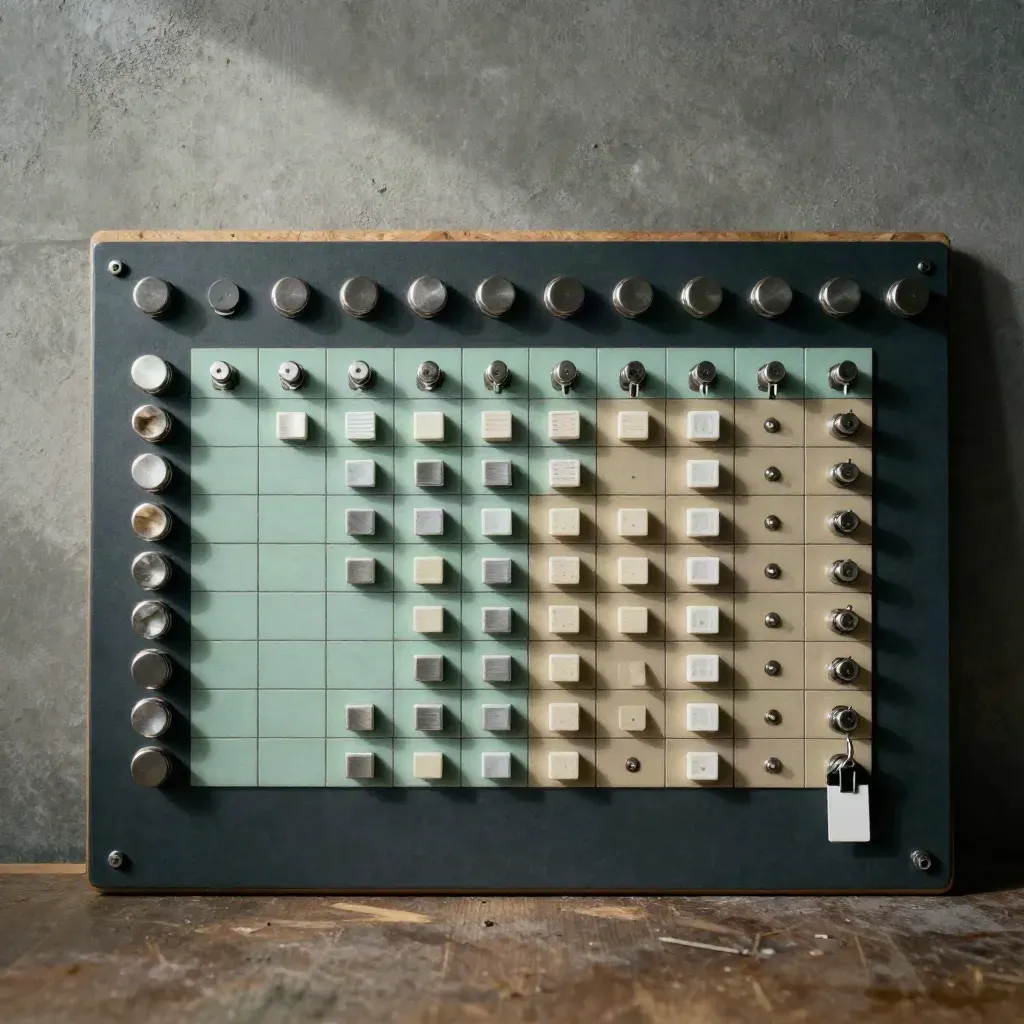 Top-down lineup board with mint blocks and cue tabs on a backstage surface.