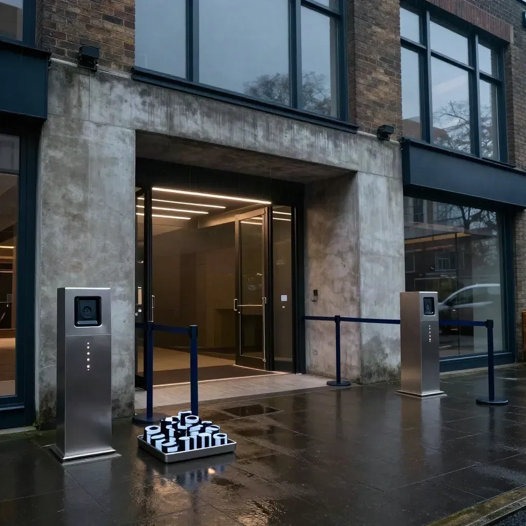 Rain-slick Camden entrance with scanner pedestals, wristband rolls and barrier rails in cool haze.