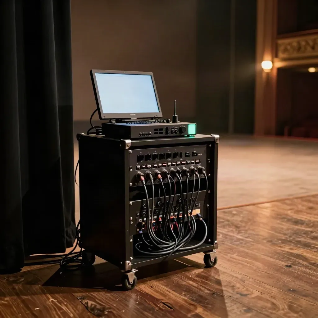 Stage-side livestream kit in a theatre wing, glowing monitor and tidy audio rack.