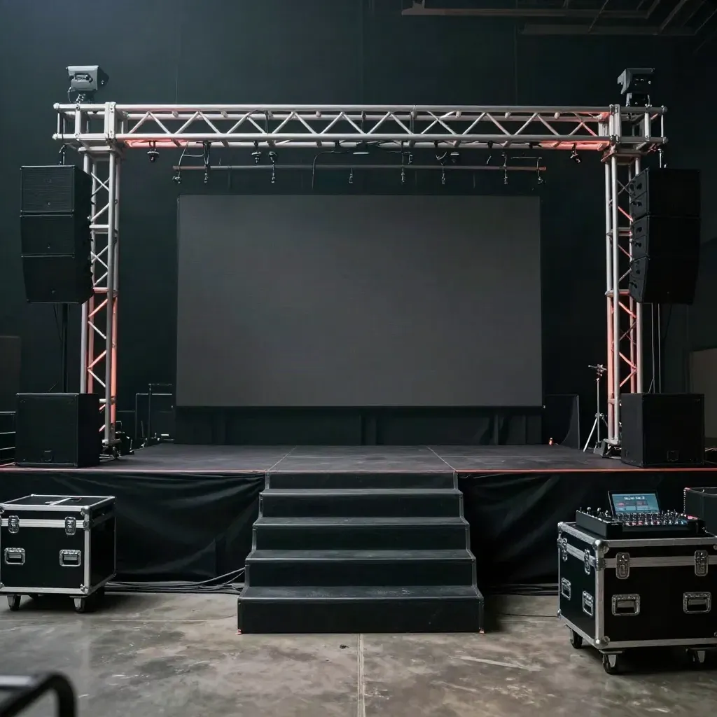 Empty Bristol brand-launch stage with LED wall, risers, truss, and speaker stacks ready for doors.