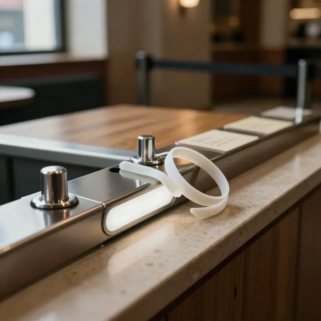Manchester foyer access kiosks, wristbands and queue rail in warm orderly lobby light.