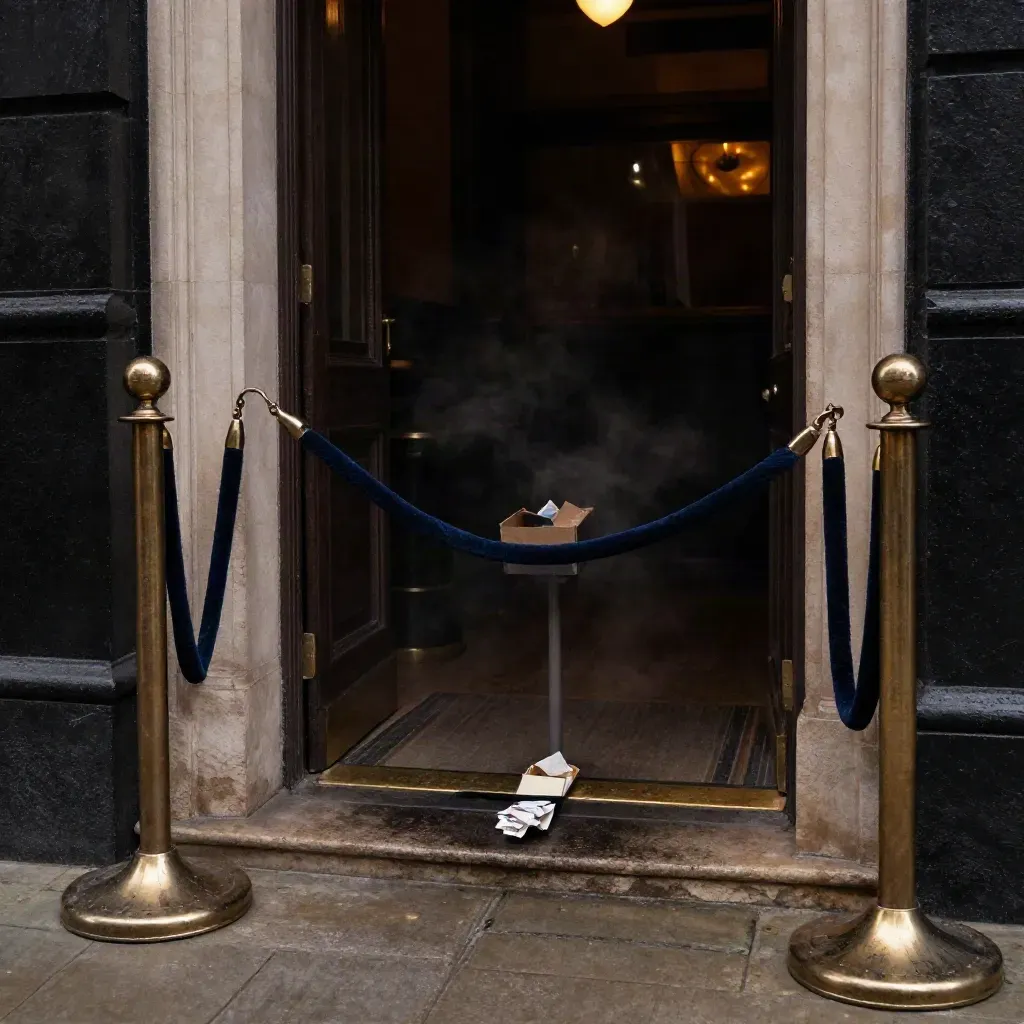 Empty Liverpool club entrance with ropes, wristband box and smoke-lit threshold