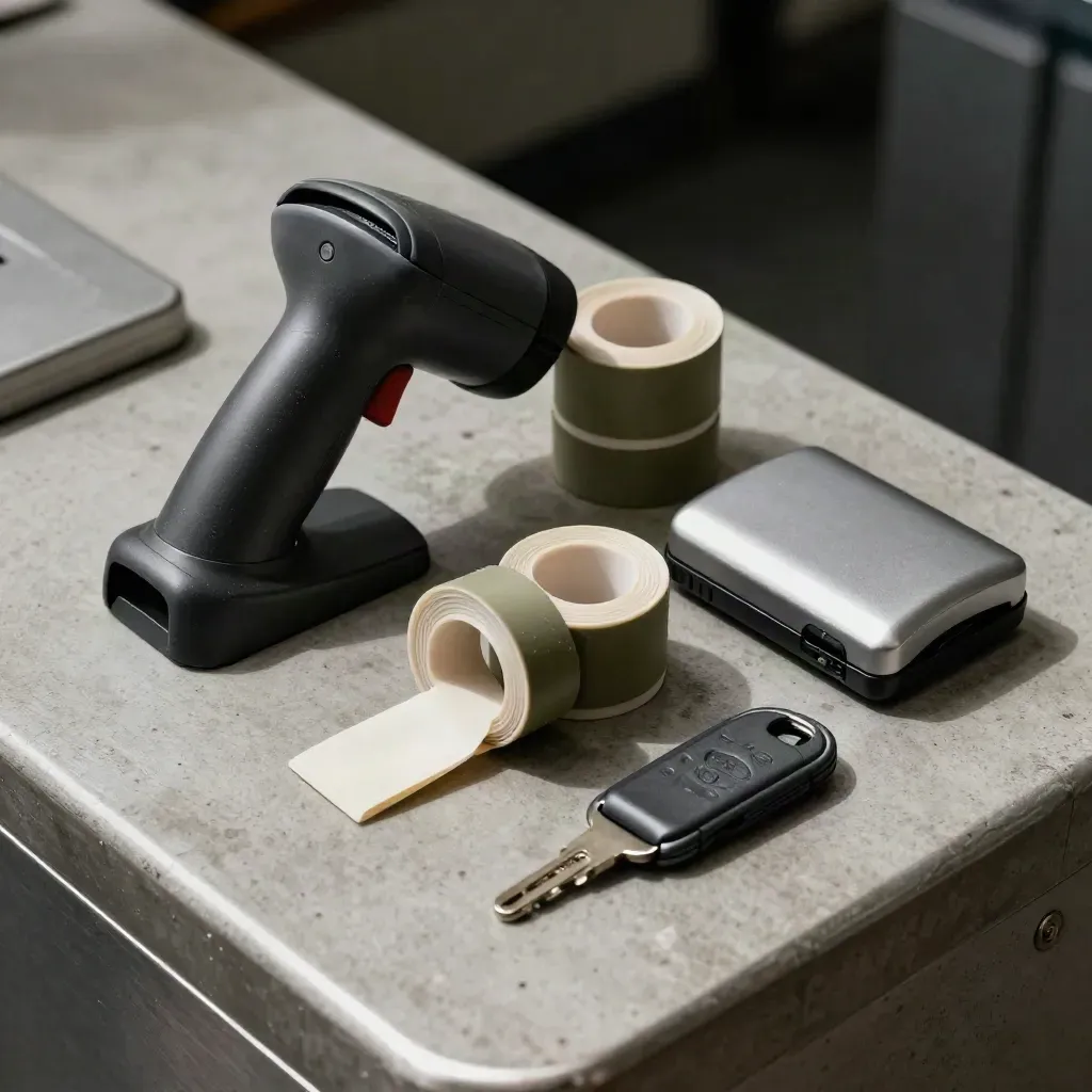 Scanner cradle with wristband rolls, card reader, and turnstile key fob on a service counter