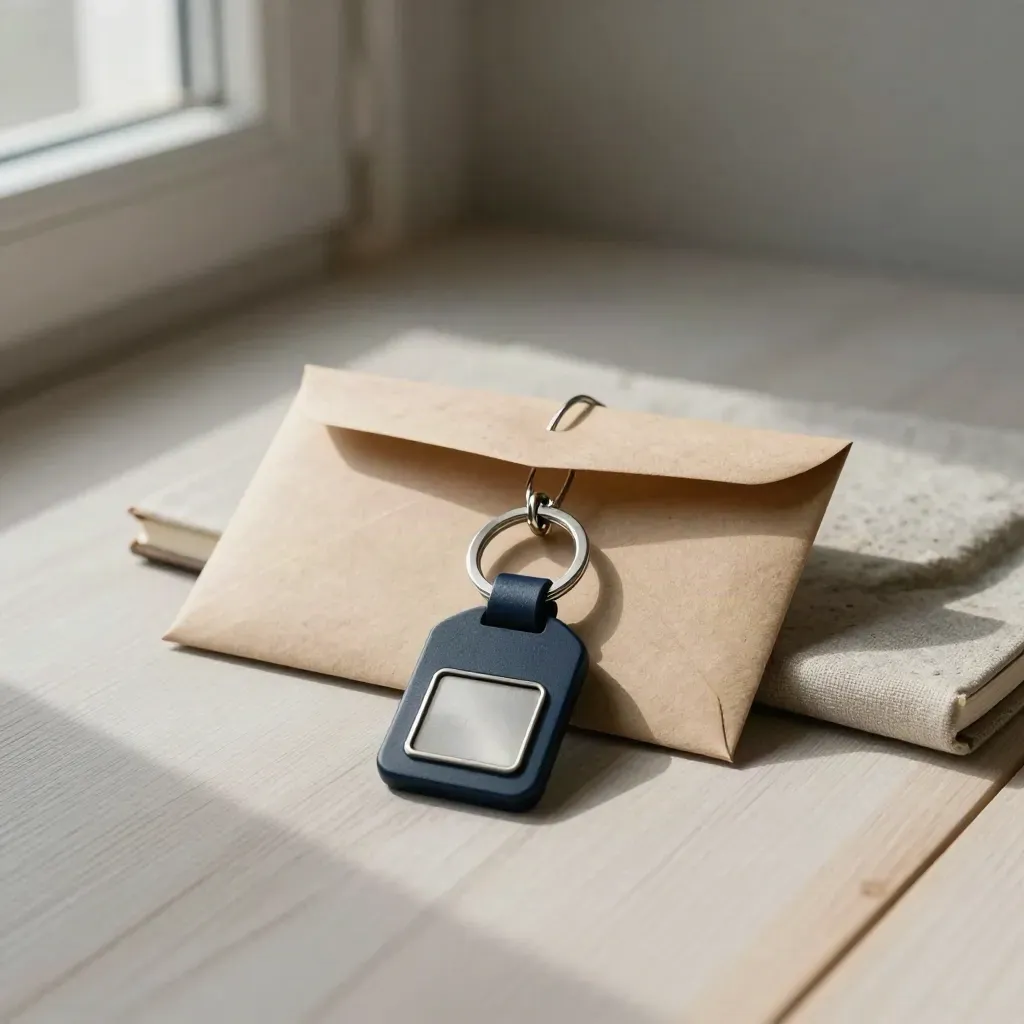 Key ring, sealed envelope, postcode token and closed notebook on pale wood