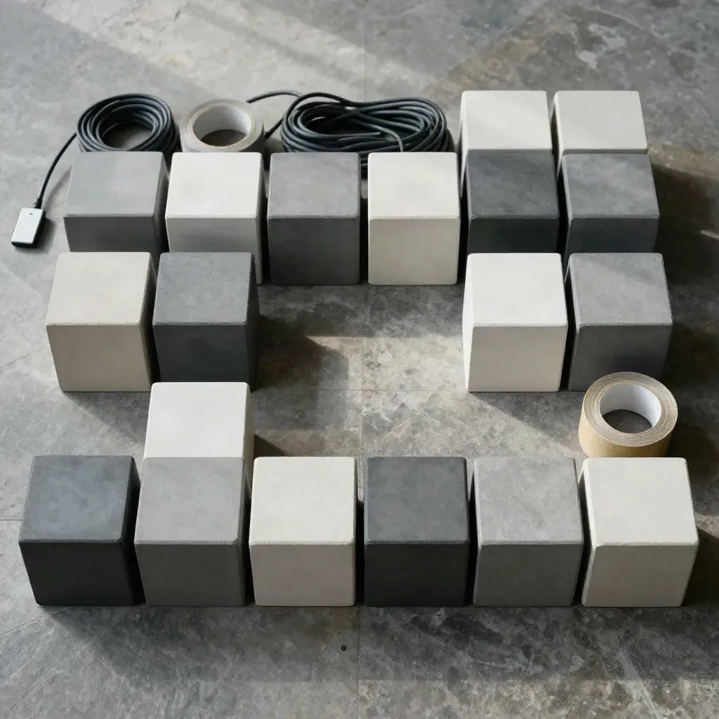 Overhead flatlay of stage cubes, cable tags and gaffer tape on stone.