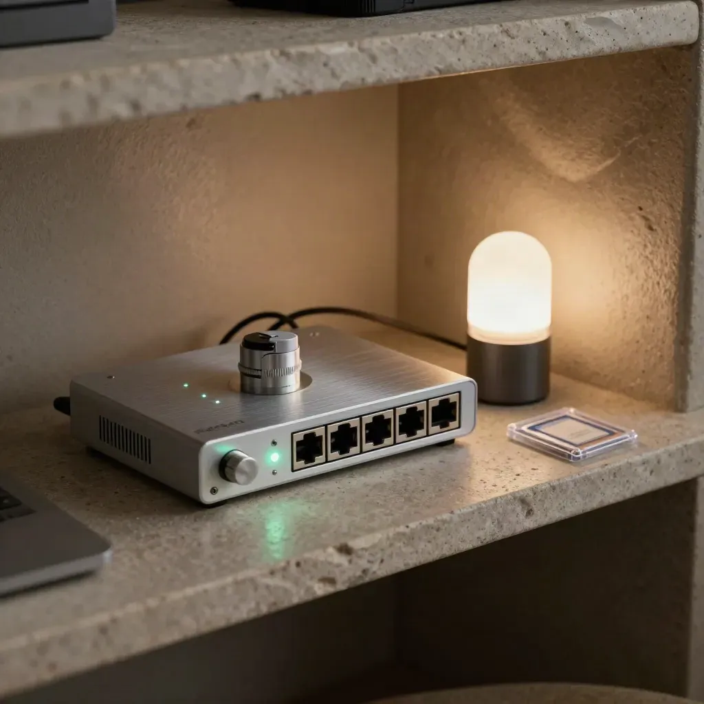 Audio interface, ethernet switch, SD card case and test lamp on a pale workbench