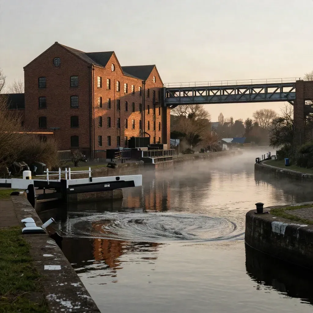 Golden-hour canal basin with red-brick mills and a steel viaduct over calm misty water.