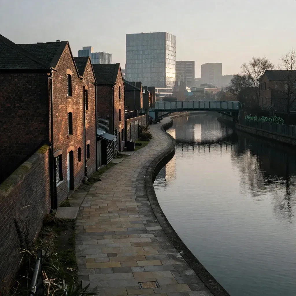 West Midlands canal, brick warehouses, steel bridge and glass towers in warm haze.