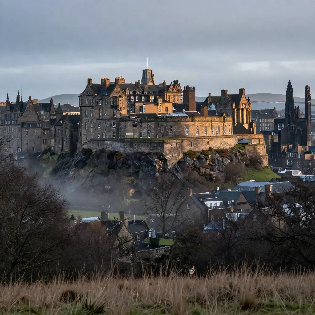 Edinburgh skyline on castle rock above misty heather under warm evening light