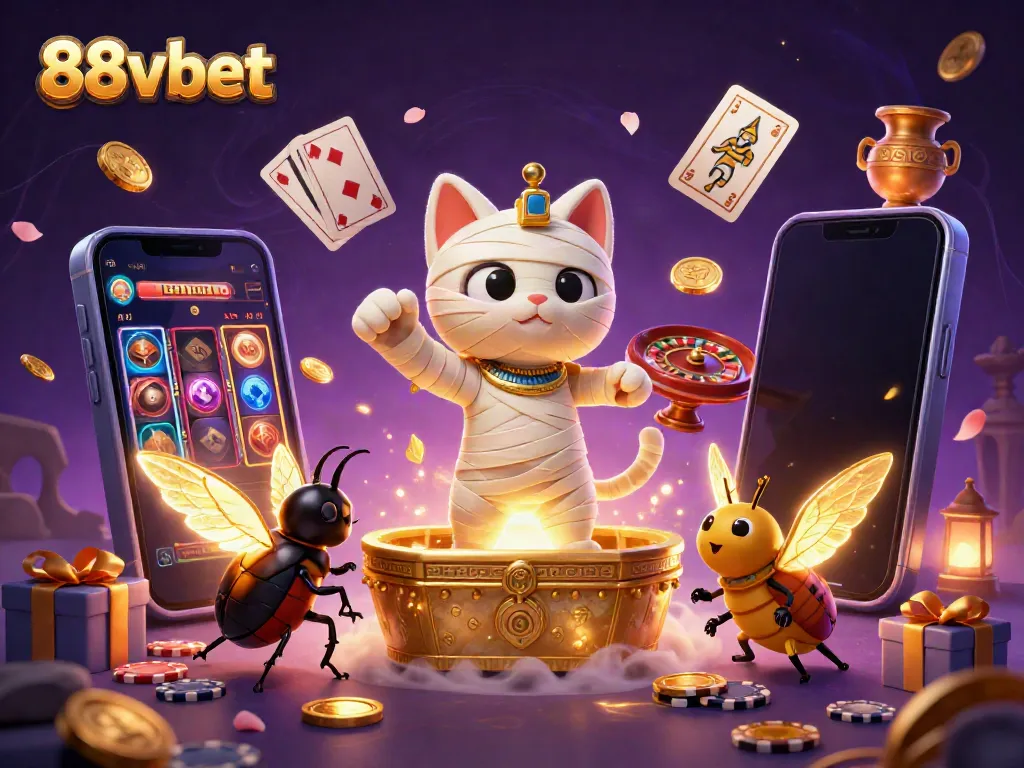 Engage with 88vbet's thrilling casino adventure featuring a cartoon Egyptian mummy cat and golden slots.