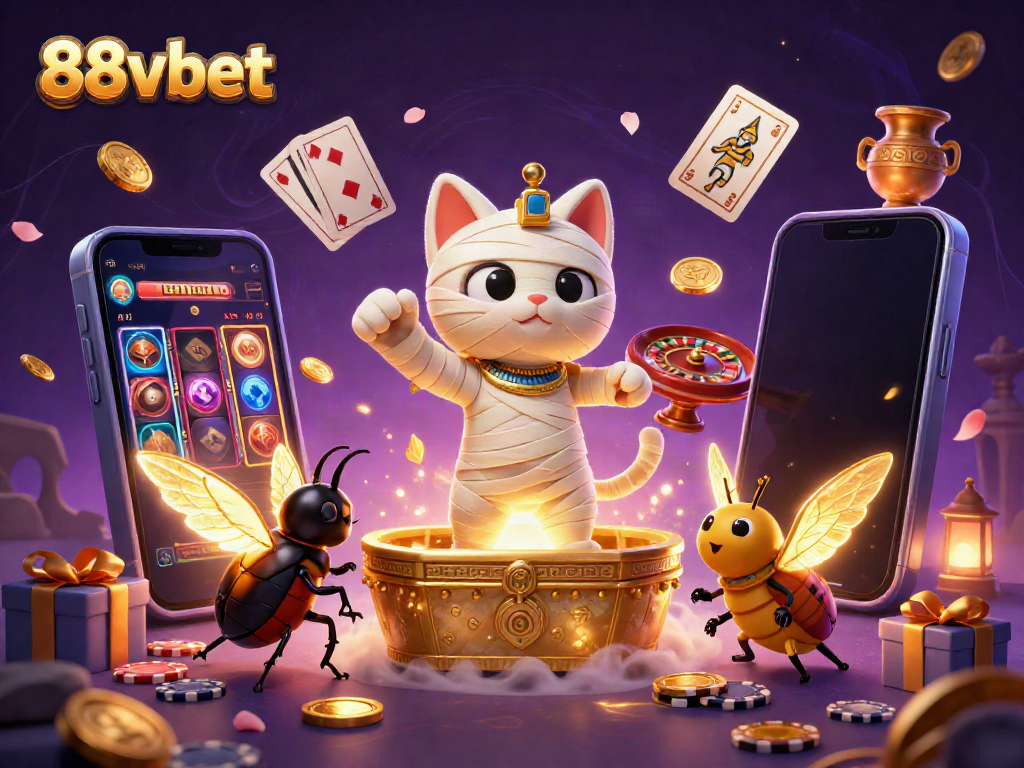 Engage with 88vbet's thrilling casino adventure featuring a cartoon Egyptian mummy cat and golden slots.