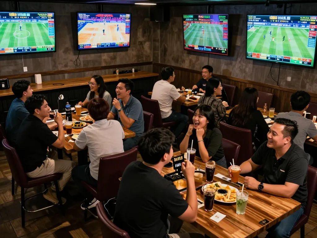 Fans excitedly engaging in Keo nha cai while watching live sports at a modern sports bar