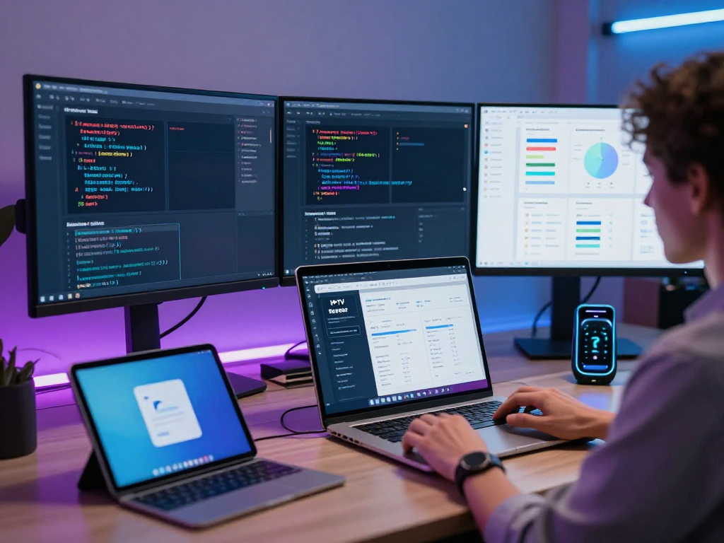An IPTV panel showcased in a modern workspace with advanced analytics and user-friendly interface elements surrounded by various tech devices, optimized for digital broadcasting.