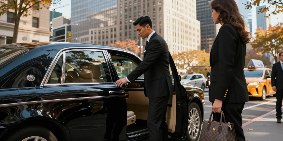 Chauffeur service NYC showcasing luxury vehicle and professional driver in an urban Manhattan setting.